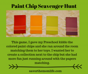 Paint Chip Scavenger Hunt Beat cabin fever with the kids this winter. 