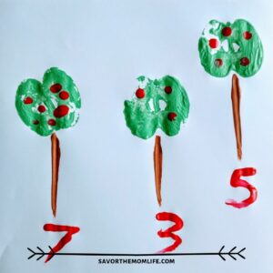 Apple Painting with Kids- Stamping a tree and finger painting apples. Count and draw number. 