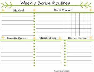 Weekly Bonus Routines Tracker- Big Goal, Habit Tracker, Favorite Quote, Thankful Log, Dinner Planner